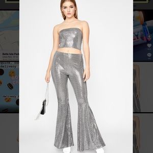Silver Bandeau top and Flare pants set